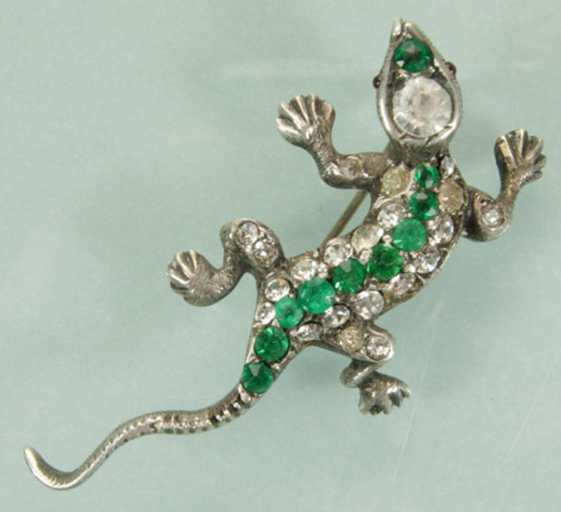Art Deco Sterling Green Paste Salamander Form Brooch