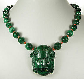 Antique Italian Carved Malachite Coral Figural Necklace