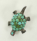 Arts & Crafts Silver Turquoise Red Stones Turtle Brooch