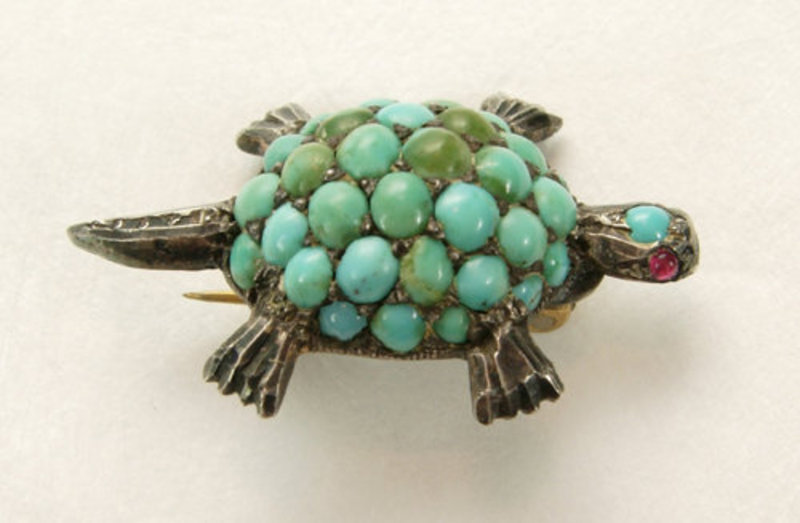 Arts &amp; Crafts Silver Turquoise Red Stones Turtle Brooch