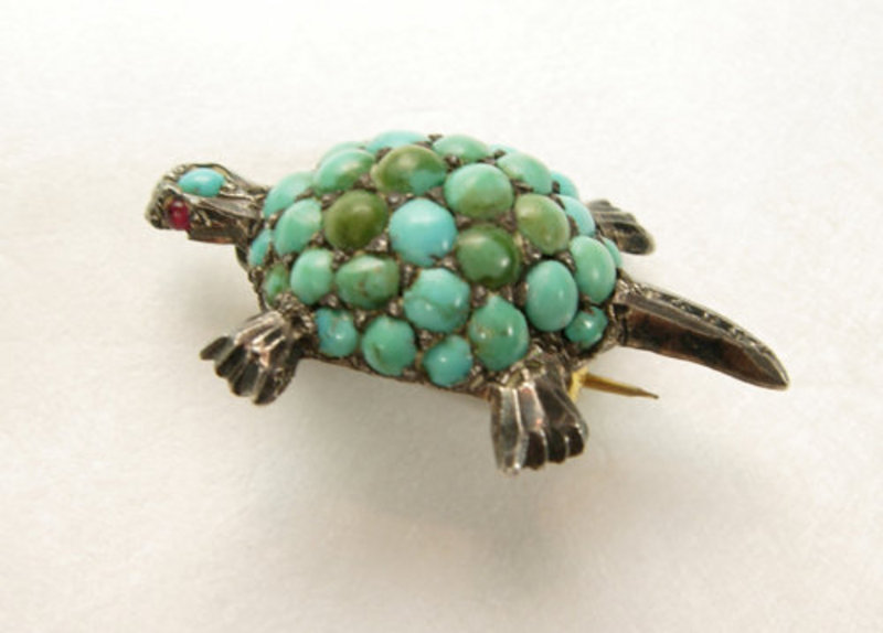 Arts &amp; Crafts Silver Turquoise Red Stones Turtle Brooch