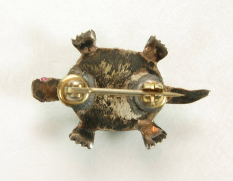 Arts &amp; Crafts Silver Turquoise Red Stones Turtle Brooch