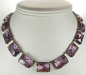 Art Deco Sterling Necklace Huge Purple Glass Stones
