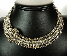C 1950 4 Strand French Crystal Buckle Motif Necklace