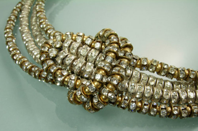 C 1950 4 Strand French Crystal Buckle Motif Necklace