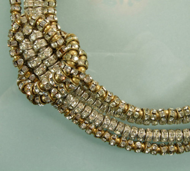 C 1950 4 Strand French Crystal Buckle Motif Necklace