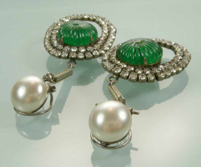 French Chandelier Earrings Strass, Green Gripoix Stones