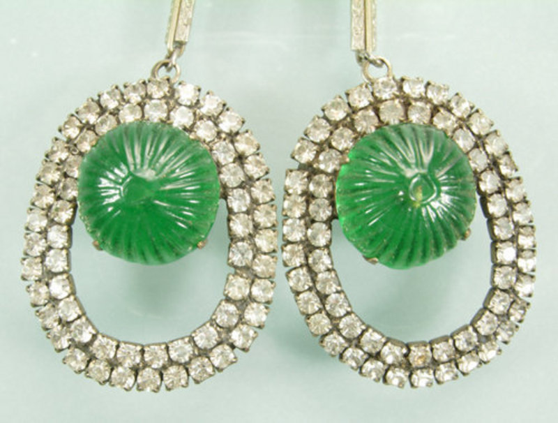 French Chandelier Earrings Strass, Green Gripoix Stones