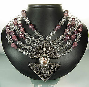 70s Pellini Italy Gunmetal and Glass Statement Necklace