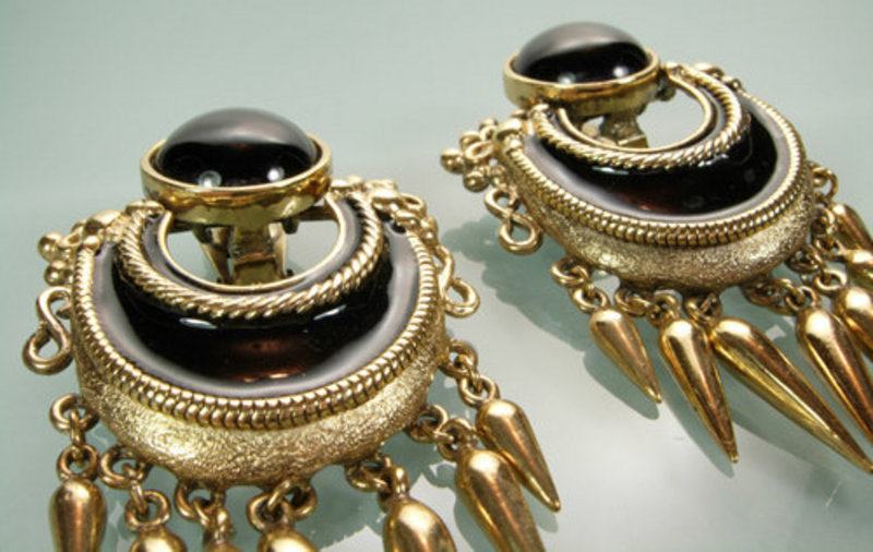 Ugo Correani Italy Etruscan Black Cabs Enamel Earrings