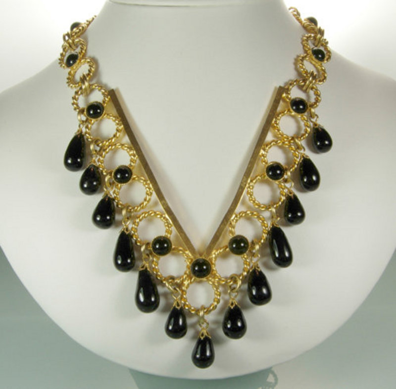 1970s Bijoux Fiaschi Italy Black Glass Bib Necklace