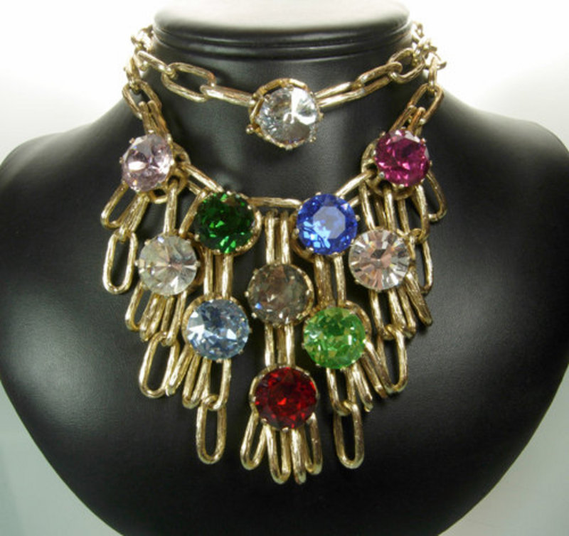 1960s French Necklace Huge Multi Color Crystal Stones