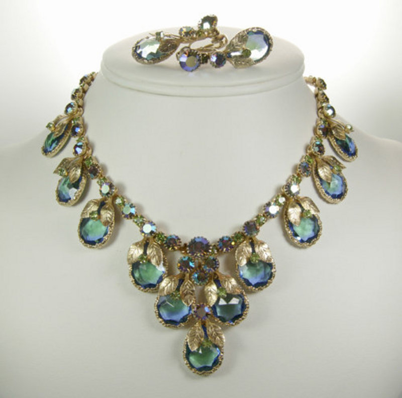 Unsigned Schreiner Necklace Earrngs Aqua Vitrail Stones