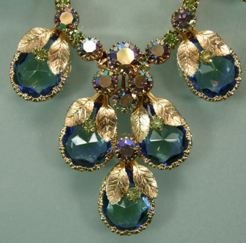 Unsigned Schreiner Necklace Earrngs Aqua Vitrail Stones