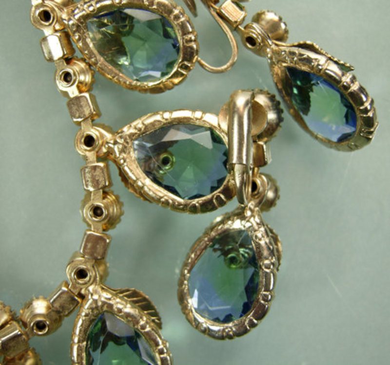 Unsigned Schreiner Necklace Earrngs Aqua Vitrail Stones