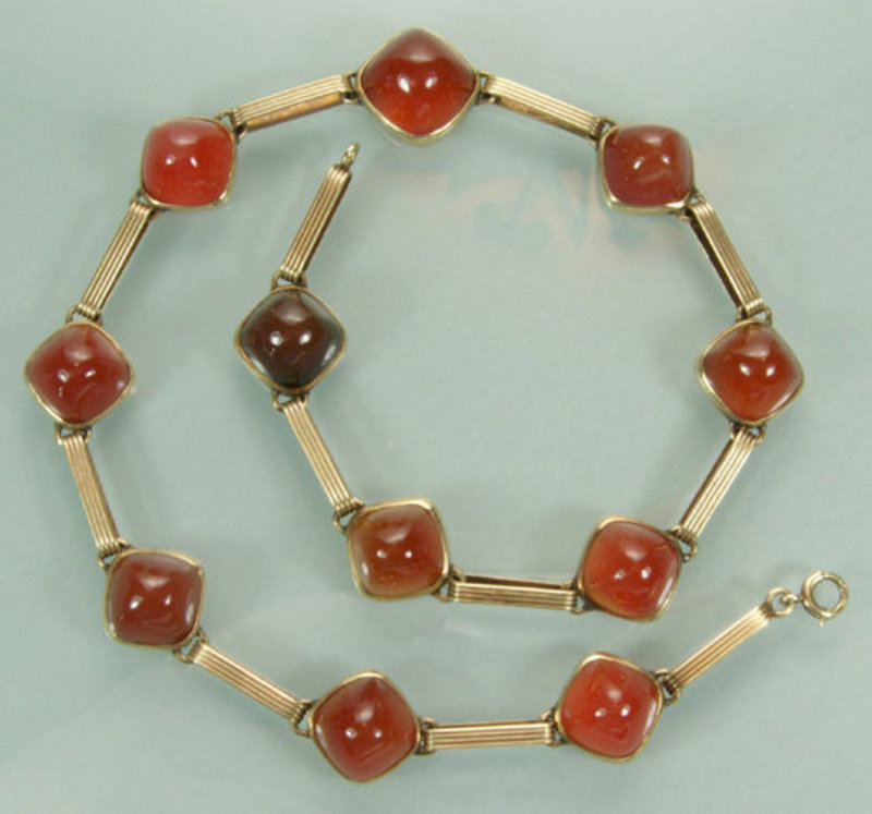 1930 Art Deco Arts &amp; Crafts 14K Gold Carnelian Necklace