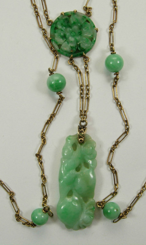 20s Deco 14K Gold Carved Apple Jade Lavaliere Necklace