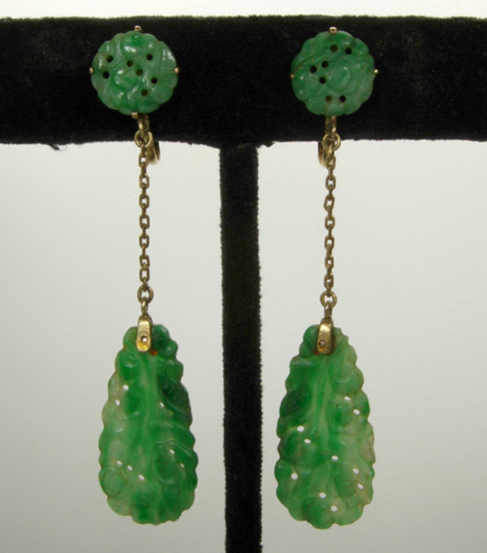 1920s Art Deco 14KT Gold Carved Jade Drop Earrings