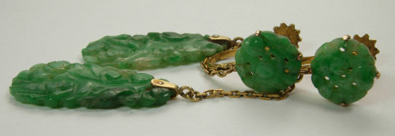 1920s Art Deco 14KT Gold Carved Jade Drop Earrings