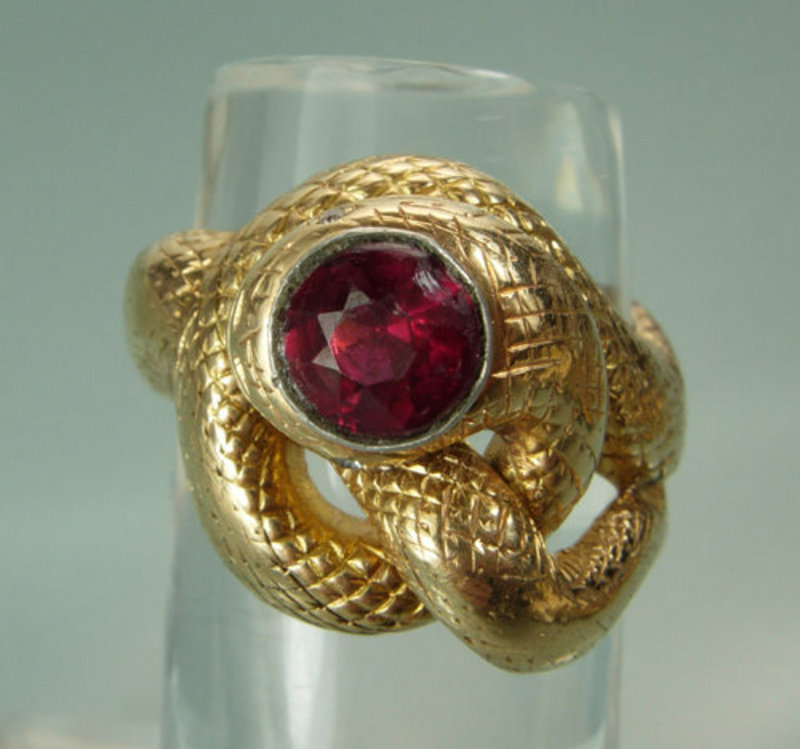 Art Nouveau 14KT Gold Ruby Diamond Snake Form Ring
