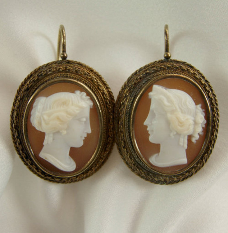 Victorian 14K Neoclassical Shell Cameo Pierced Earrings