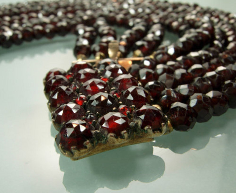 Antique Garnet 5 Strand Beaded Necklace Jeweled Clasp