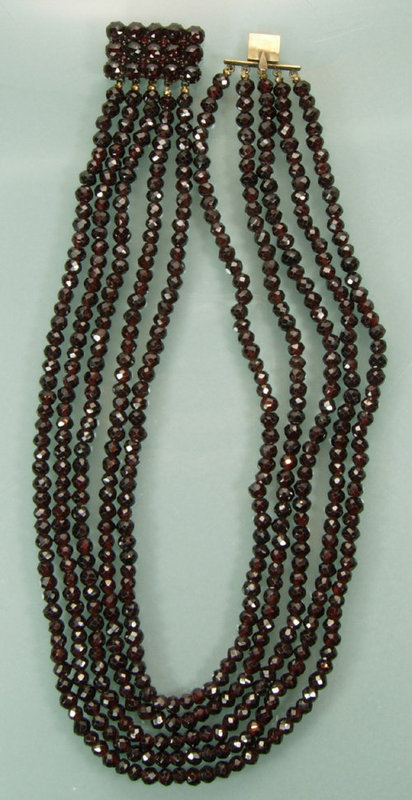 Antique Garnet 5 Strand Beaded Necklace Jeweled Clasp