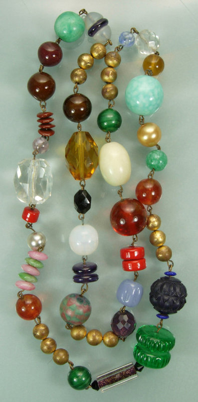 C 1940 French Necklace: Glass, Brass, Stone, Celluloid