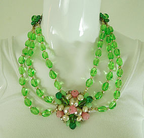 1960 Runway French Rousselet Poured Glass Necklace Green Pink