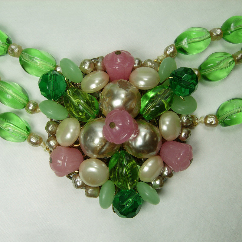 1960 Runway French Rousselet Poured Glass Necklace Green Pink