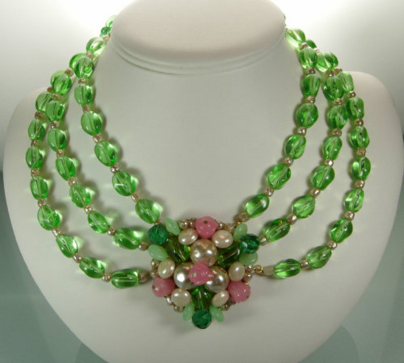 1960 Runway French Rousselet Poured Glass Necklace Green Pink