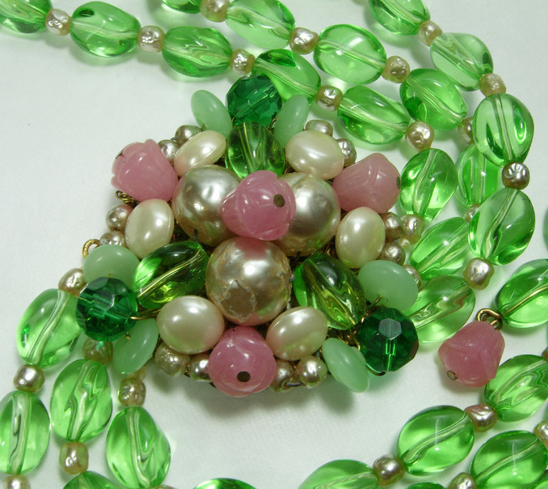 1960 Runway French Rousselet Poured Glass Necklace Green Pink