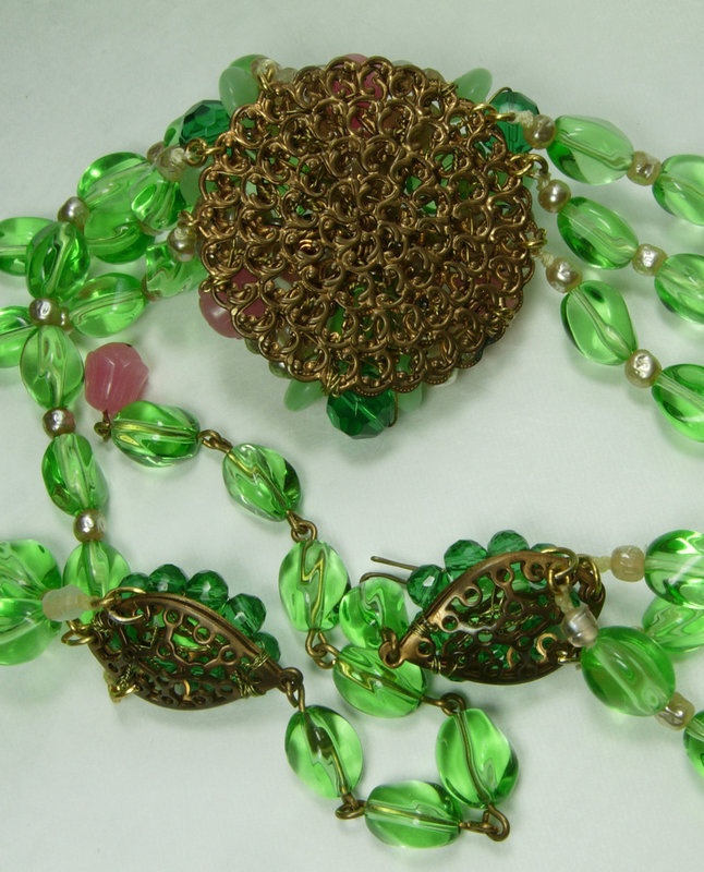 1960 Runway French Rousselet Poured Glass Necklace Green Pink