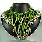 C 1940 Green Silk Cord and Shell Fringed Bib Necklace