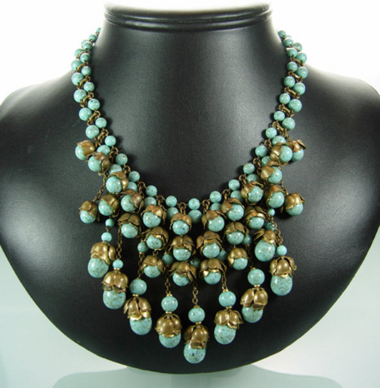 1940s Turquoise Glass Chains Petals Bib Necklace France