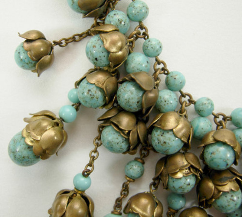 1940s Turquoise Glass Chains Petals Bib Necklace France
