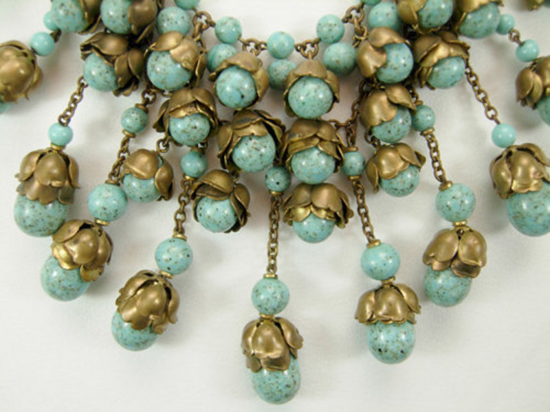 1940s Turquoise Glass Chains Petals Bib Necklace France