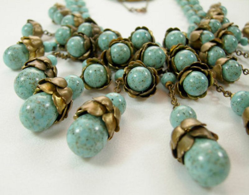 1940s Turquoise Glass Chains Petals Bib Necklace France