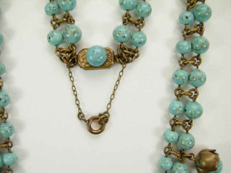 1940s Turquoise Glass Chains Petals Bib Necklace France