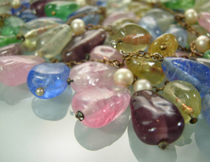 French 40s Pastel Poured Glass 3 Row Garland Necklace