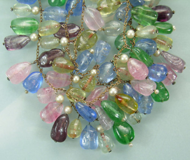 French 40s Pastel Poured Glass 3 Row Garland Necklace