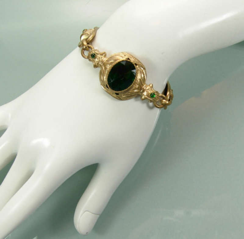 40s Victorian Revival Green Glass Charm Bracelet France