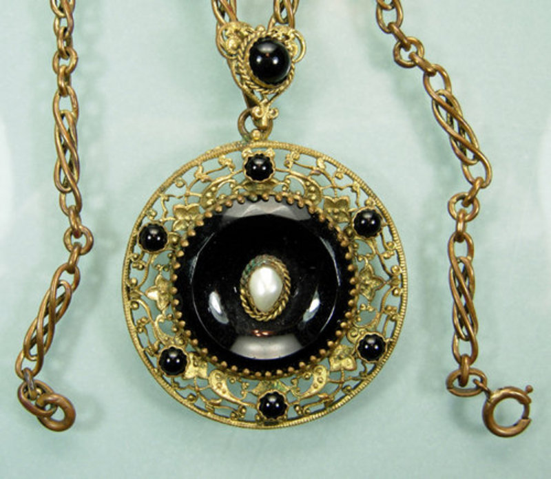 Black Gripoix Glass Filigree Pendant Necklace: France