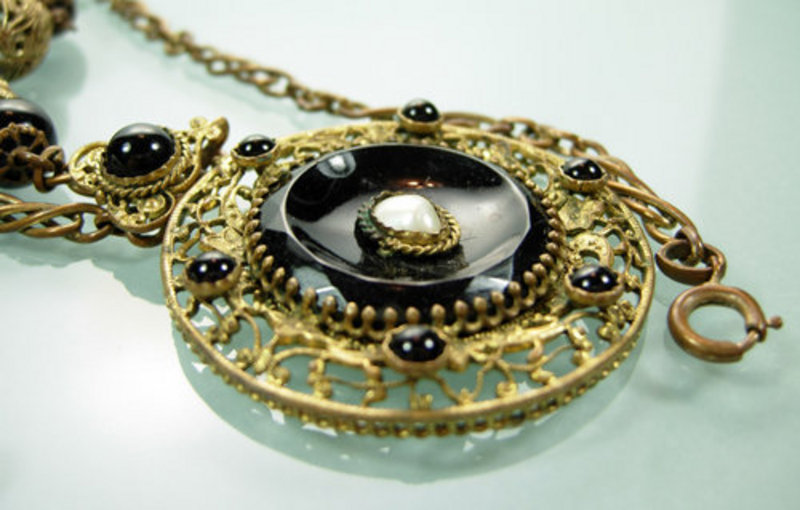 Black Gripoix Glass Filigree Pendant Necklace: France