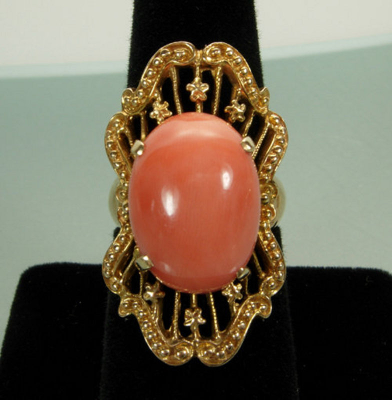 Dramatic 14KT Gold and Pink Coral Large Cocktail Ring