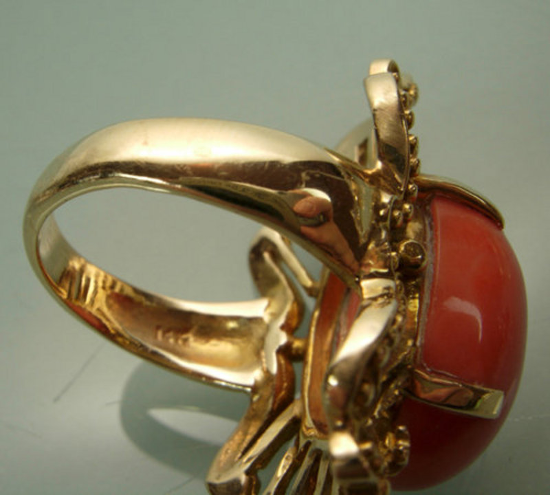 Dramatic 14KT Gold and Pink Coral Large Cocktail Ring