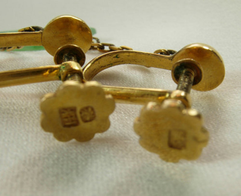 1920s Chinese Art Deco 14KT Gold Apple Jade Earrings