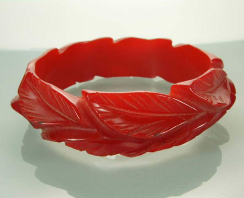 Cherry Red Deeply Carved Leaf Form Bakelite Bangle