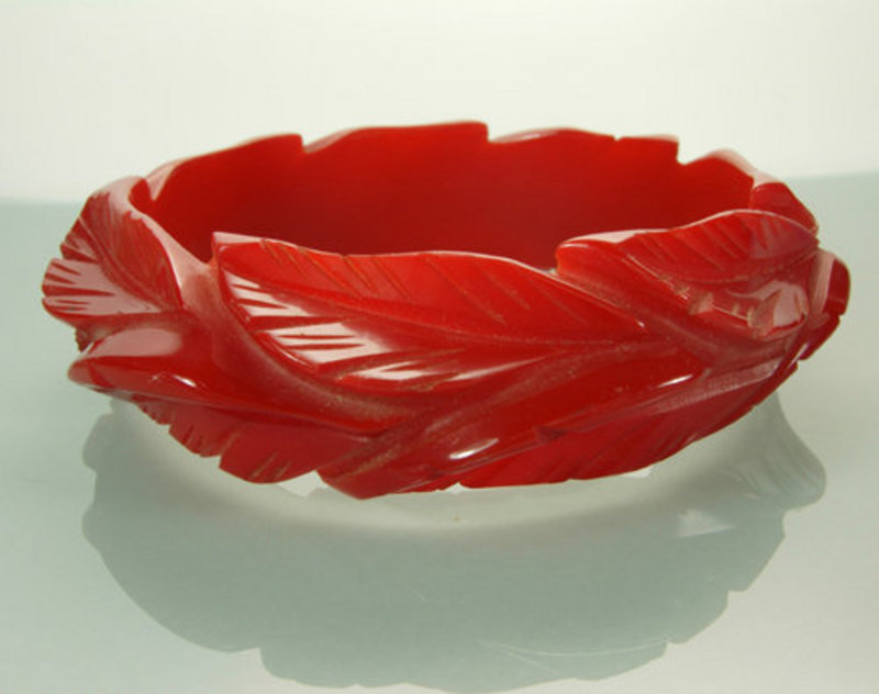 Cherry Red Deeply Carved Leaf Form Bakelite Bangle