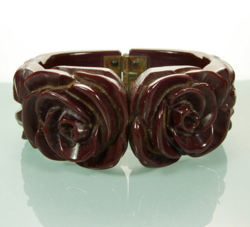 40s Raisin Bakelite Clamper Deeply Carved Roses, Leaves